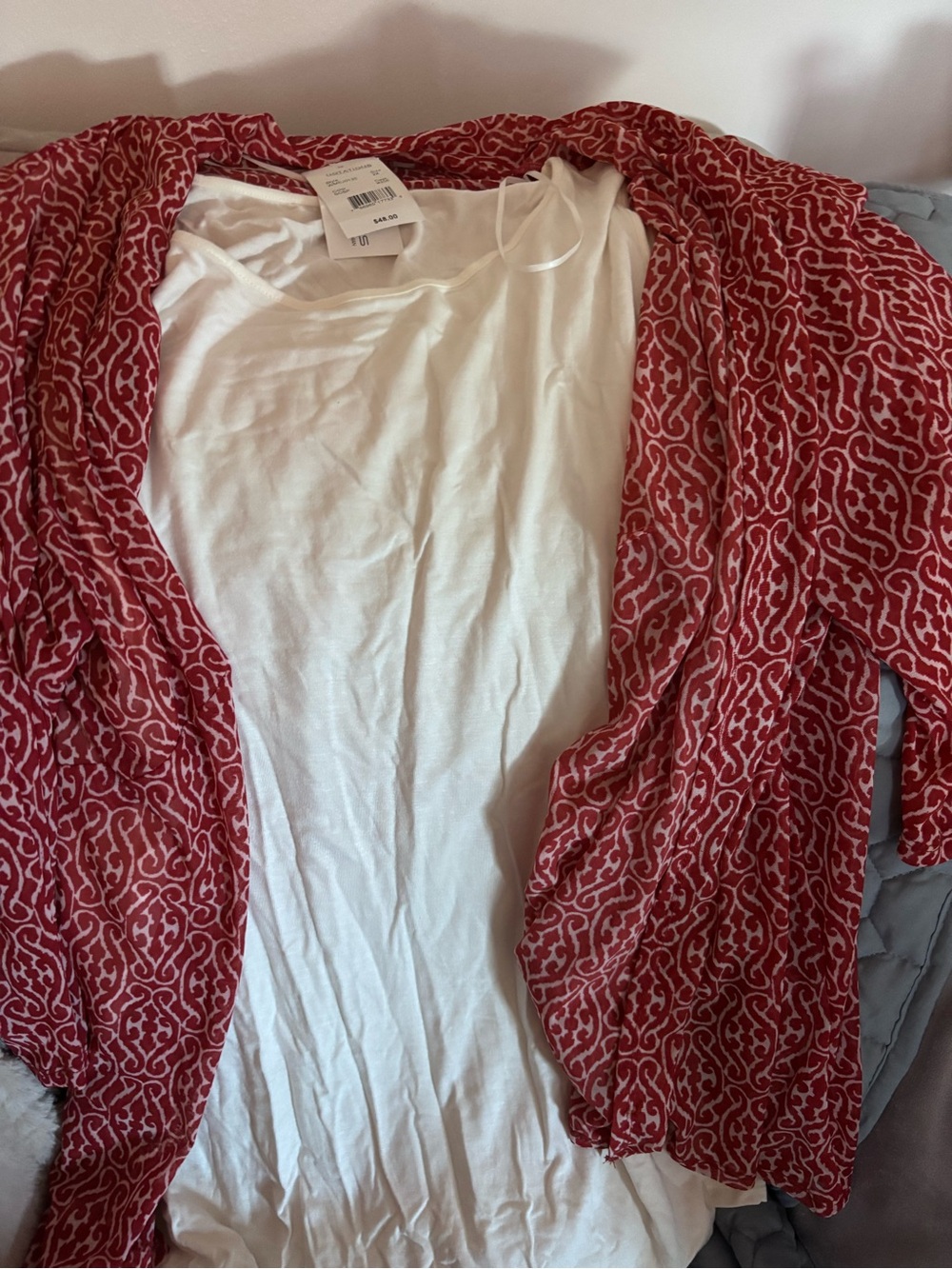 Notations Red Patterned Open-Front Cardigan with White Tank Top